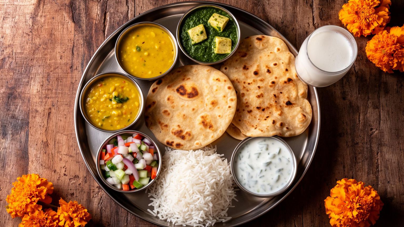 Traditional Indian thali with dal, palak paneer, roti, basmati rice, raita and salad